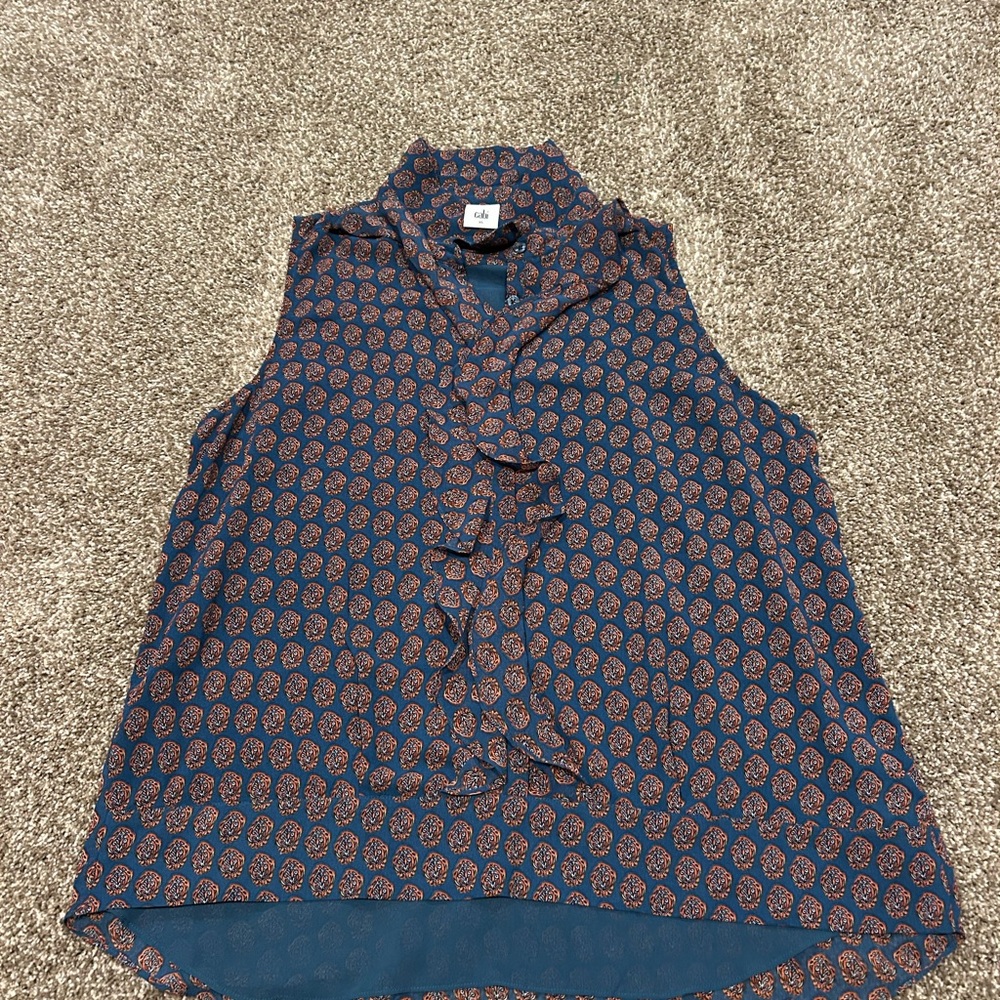 CAbi Navy and Rust Patterned Sleeveless Blouse